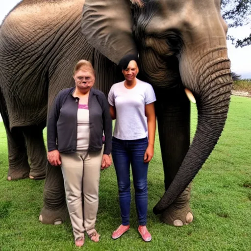 Image similar to a couple of people standing next to an elephant