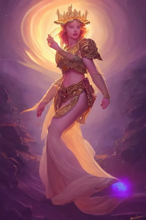 Image similar to beautiful female queen, full body shot, short hair, d & d, golden trims, ethereal background, aurora borealis, fantasy, intricate, elegant, highly detailed, digital painting, artstation, concept art, matte, sharp focus, illustration, hearthstone, art by artgerm and greg rutkowski and alphonse mucha