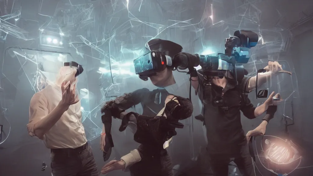 Image similar to a man gets caught in a perpetual 3 d virtual reality, three point lighting, by yuumei, bayard wu, wlop, tim white, ross tran, 4 k