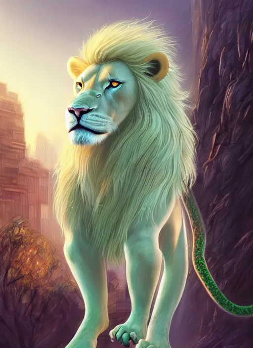 Image similar to aesthetic portrait commission of a of a male fully furry muscular anthro albino lion with a tail and a beautiful attractive hyperdetailed face with a pet green snake curling around his neck, wearing stylish and creative wearing mint outfit made out of silk in a sci-fi dystopian city at golden hour while it storms in the background. Character design by charlie bowater, ross tran, artgerm, and makoto shinkai, detailed, inked, western comic book art, 2021 award winning film poster painting