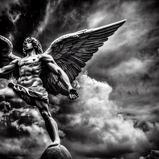 Prompt: A breath taking photo, of The Archangel Michael, fighting the fallen angel Lucifer at the end of time. 85mm lens, f1.8.