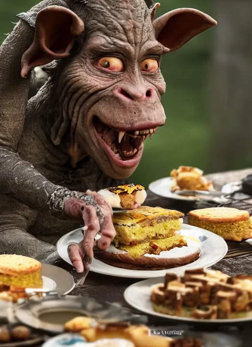 Image similar to closeup portrait of a medieval goblin eating cakes in the cloisters, depth of field, zeiss lens, detailed, symmetrical, centered, fashion photoshoot, by Annie Leibovitz and Steve McCurry, David Lazar, Jimmy Nelsson, Breathtaking, 8k resolution, extremely detailed, beautiful, establishing shot, artistic, hyperrealistic, beautiful face, octane render