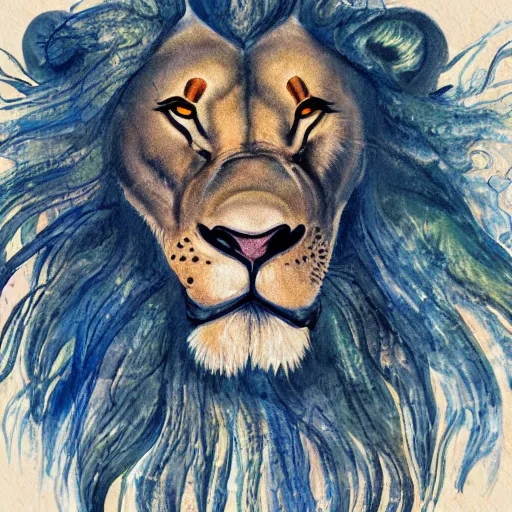 Image similar to a male lion's face breaching through a wall of water, water sprites, splashing, deep blue water color, highly detailed