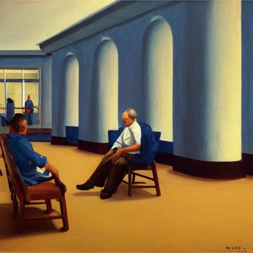 Prompt: werner herzog sits in the waiting room at the dmv, holding boltcutters. style of edward hopper, award winning, photo realistic, dynamic lighting, very detailed face, 4 k, chris ware