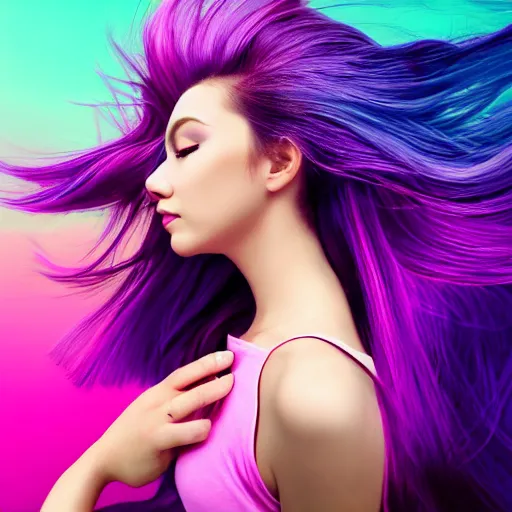 Image similar to a award winning half body portrait of a beautiful woman in a croptop with a ombre purple pink teal hairstyle with head in motion and hair flying, outrun, vaporware, vivid colors, highly detailed, fine detail, intricate