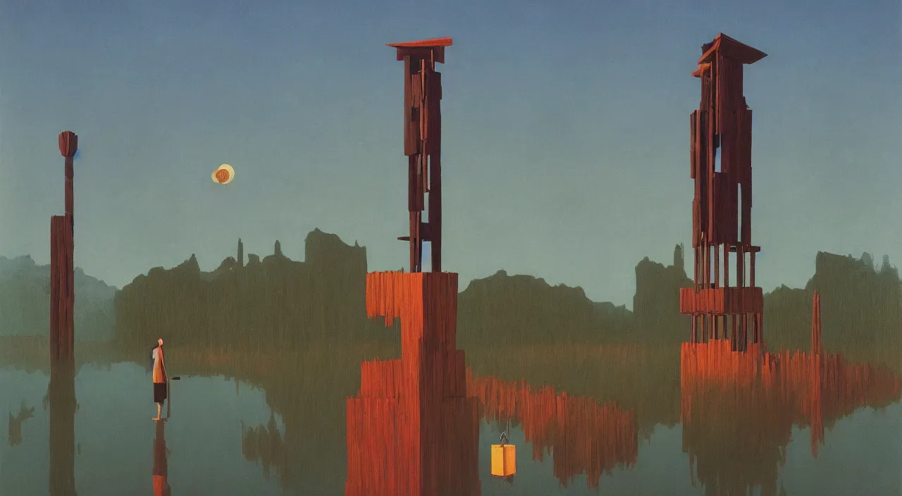 Image similar to single flooded simple wooden totem tower, very coherent and colorful high contrast!! masterpiece by rene magritte simon stalenhag carl spitzweg syd mead norman rockwell edward hopper james gilleard, minimalist, dark shadows, sunny day, hard lighting