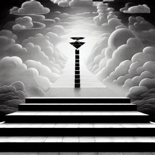 Image similar to A black and white freemasonic chequered surrealist digital painting of a stairway to into the clouds in the art style of jeff koons, Gilbert williams, Edwin Frederic Church and Christopher Balaskas, trending on artstation, 4k UHD