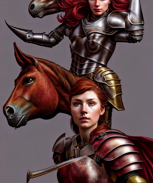 Image similar to hyperrealistic mixed media painting of a beautiful young female ranger, stunning 3d render inspired art by P. Craig Russell and Barry Windsor-Smith + perfect facial symmetry + dim volumetric lighting, dark red hair, pale skin, crimson leather armor, riding an armored warhorse, dizzy, full body, confident heroic pose, d&d, 8k octane beautifully detailed render, post-processing, extremely hyperdetailed, intricate, epic composition, grim yet sparkling atmosphere, cinematic lighting + masterpiece, trending on artstation, very very detailed, masterpiece, stunning