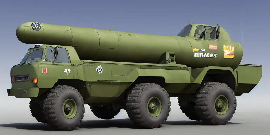 Prompt: HIMARS with missile, eyes and smile, Cars Pixar movie style, detailed, green, digital art