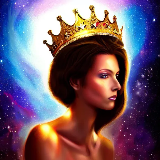 Prompt: a realistic digital painting of a queen looking over the galaxy, wearing a crown, dramatic lighting, serious expression, 4K, HD, detailed, epic, artstation, beautiful, amazing, eyes, facial features,