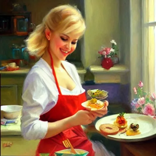 Image similar to young blonde wife making breakfast for her husband, painting by Vladimir Volegov,