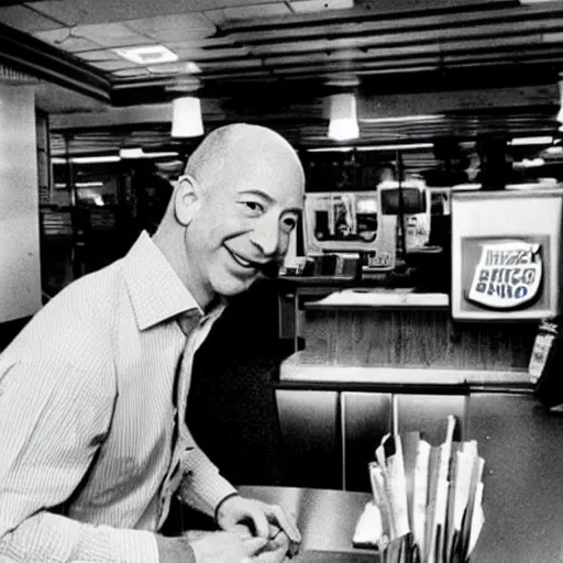 Prompt: retro photo of jeff bezos working at burger king, high quality