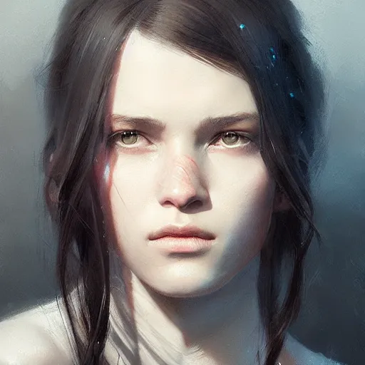 Image similar to highly detailed portrait of a young woman with long dark hair, art by greg rutkowski, unreal engine, high quality, vivid, stunning lighting