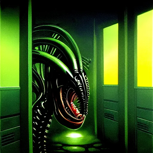 Image similar to black glossy xenomorph, alien movie, endless abandoned office cubicles, pale yellow wallpaper, moist brown carpet, dim fluorescent lighting, artstation, ultra detailed, creepy, dramatic lighting, photorealistic, art by h. r. giger and chris foss and beksinski