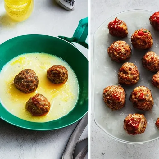 Prompt: cookbook photo of lemonade with meatballs