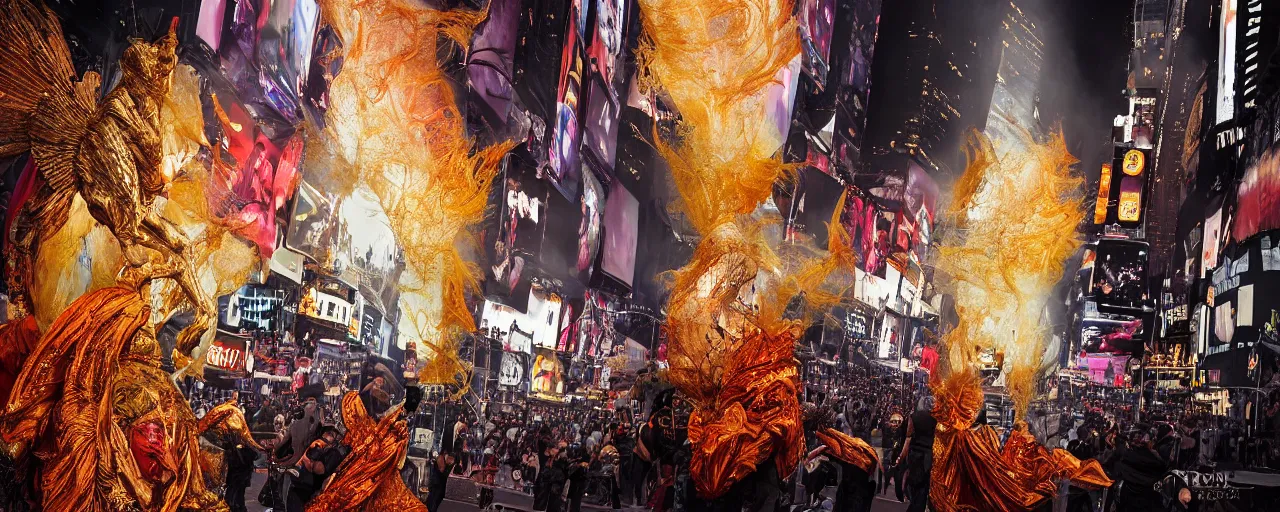 Prompt: 'Deamons unleashed in Times Square' by István Sándorfi royally decorated, whirling smoke, embers, gold adornements, gilt silk torn fabric, radiant colors, fantasy, perfect lighting, studio lit, volumetric lighting, micro details, 3d sculpture,