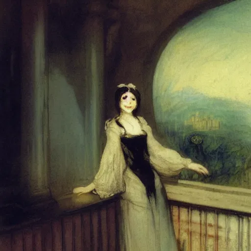 Prompt: morgana from the house in fata morgana, smiling, painted by joseph mallord william turner