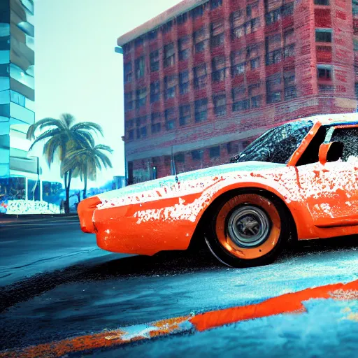 Prompt: a buffalo in the urban streets, covered in white flour, white powder bricks, miami heat colors, gta cover, south beach colors, 8 k, dynamic lighting, hdr, trending on artstation, ultra detailed, professional illustration, unreal engine