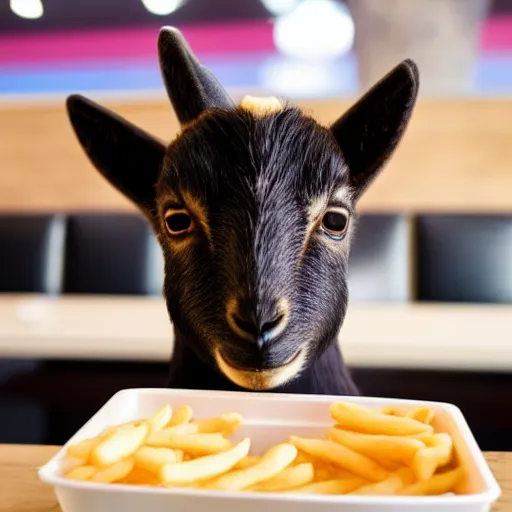 Image similar to a cute baby goat sitting in a booth eating at mcdonalds, mcdonalds interior background, close up of the baby goat, photo