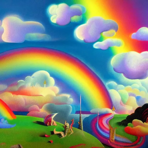 Prompt: unicorns, clouds and rainbow, 8 k, matte painting in the style of alexander zep and kandinsky and jean hugo