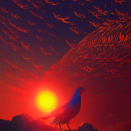 Image similar to the solarpunk phoenix, optimistic, red bird, ornate egg, regeneration, landscape, epic composition, volumetric light, bokeh, painting by ilya kuvshinov and by makoto shinkai