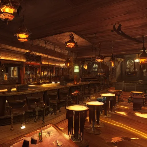 Image similar to Inside a bar in Gridania, FFXIV, high quality, warm lighting, matte painting