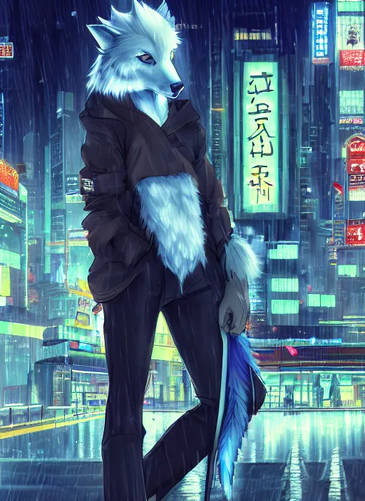 Image similar to character portrait of a male anthro white wolf fursona with a tail and a cute beautiful attractive furry face wearing stylish cyberpunk clothes in a cyberpunk city at night while it rains. hidari, color page, tankoban, 4K, tone mapping, Akihiko Yoshida.