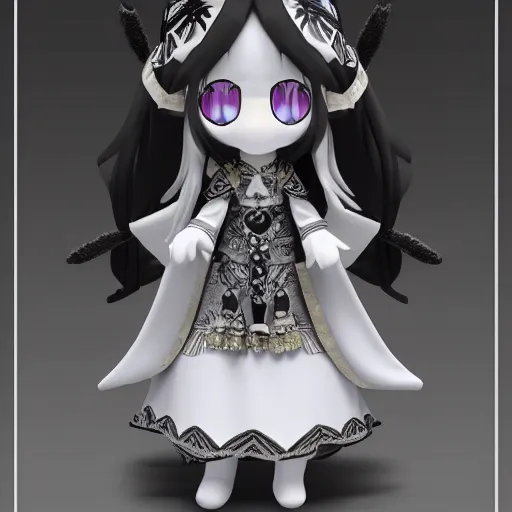 Image similar to cute fumo plush of the priestess of the cathedral of the ancient ones, dark ritual maiden, black and white, vray