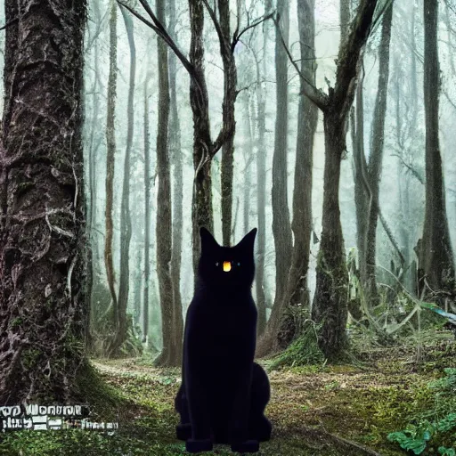 Image similar to a fantasy style mix of Neo from the Matrix in a forest and cute black cats, 50mm lens