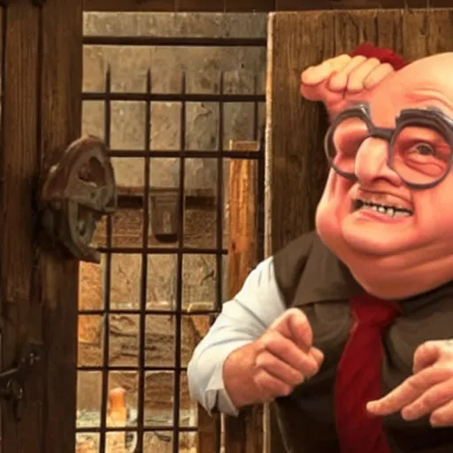 Image similar to Danny Devito dodging a trap in a dungeon