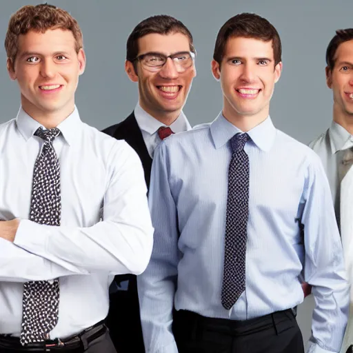 Prompt: A little group of cavemen wearing business clothes