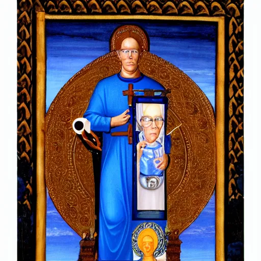 Prompt: hank hill as the saint of propane surrounded by blue fire, renaissance religious painting, painting by carlo crivelli, late gothic religious paintings, byzantine religious art, trending on artstation