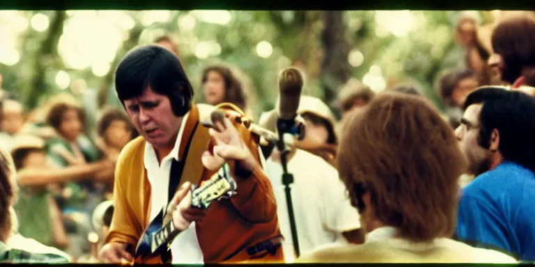 Prompt: photorealistic documentary style close macro up cinematography of brian wilson at the 1 9 6 9 woodstock festival shot on 1 6 mm eastman 7 2 5 4 film with a 6 5 mm cooke panchro macro lens shot at magic hour by cinematographers, malcolm hart, don lenzer, michael margetts, david myers, richard pearce, michael wadleigh