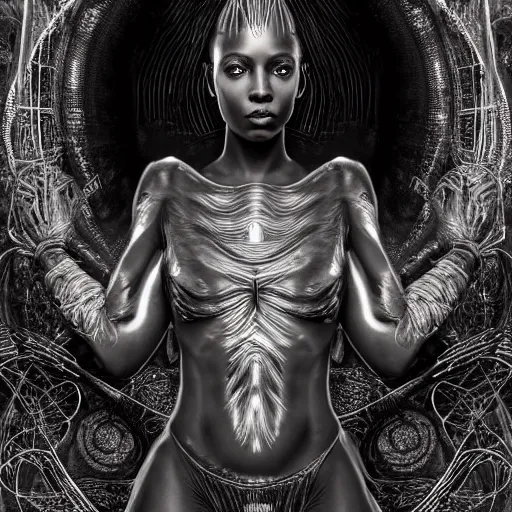 Prompt: digital art by h r giger, black african princess, warm volumetric lighting, cosmic, symmetric, highly detailed, elegant, concept art, enveloped by alien tendrils, heavenly, god rays, glowing aura, intricate, sharp focus, illustration, alexandros pyromallis, bouguereau, rutkowski, artgerm, alphonse mucha