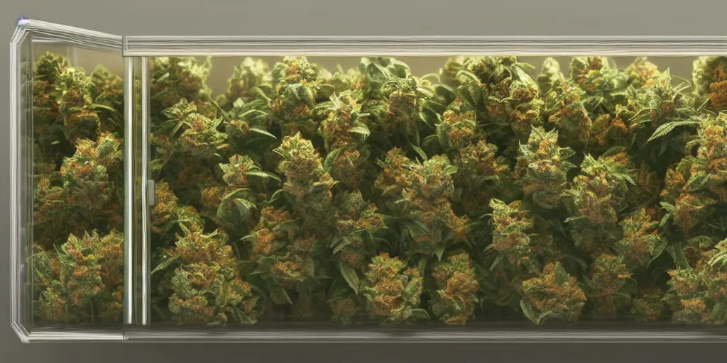 Prompt: enclosed glass box full of cannabis marijuana, beautiful, octane render, nug pic, ray tracing, 8 k, unreal engine 5