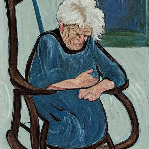 Prompt: old woman crying sitting in a rocking chair, expressionism