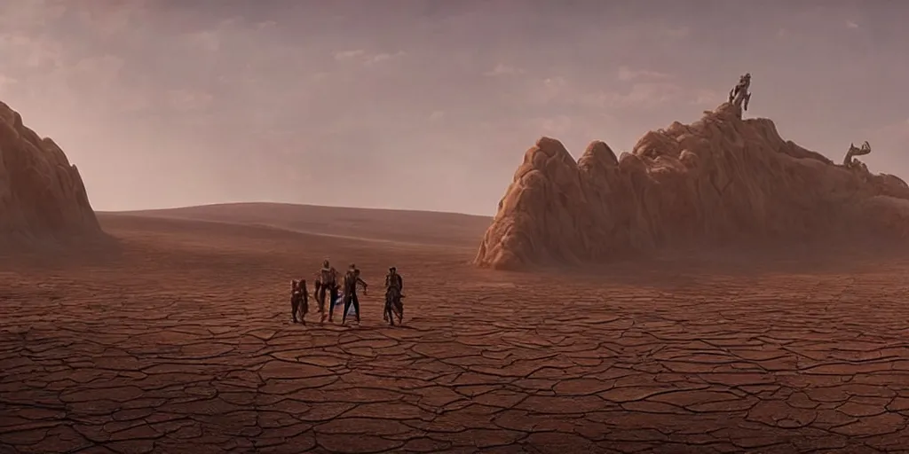 Image similar to screenshot from a movie, epic matte painting of a giant reptile skeleton in a sandy desert with scientists in the foregroud for scale, cinematic cinematography masterpiece, greg rutkowski, and ivan aivazovski, roger deakins