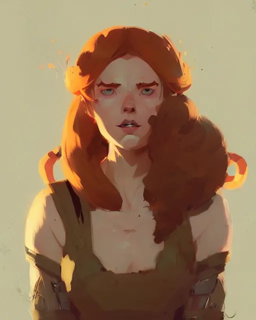 Image similar to hyper - realistic portrait of beautiful ginger female adventurer by atey ghailan, by greg rutkowski, by greg tocchini, by james gilleard, by joe fenton, by kaethe butcher, dynamic lighting, gradient light yellow, brown, blonde cream and white color scheme, grunge aesthetic