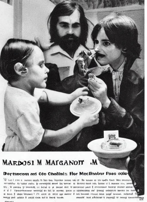 Prompt: vintage pharamaceutical magazine advertisement depicting charles manson feeding jello to children
