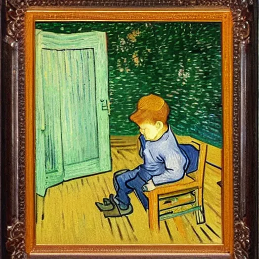 Image similar to little boy with nintendo ds on a seat in a oark by van gogh