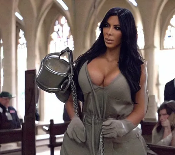 Image similar to a movie still of kim kardashian as a handcuffed prisoner with a chain around her neck bonded to a steel chair on the alter of a church