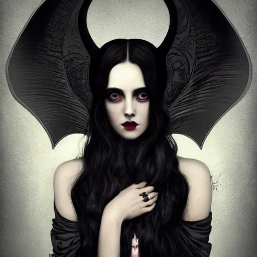 Prompt: portrait of a beautiful woman with horns, long wavy black hair, long black dress with silver jewels, black bat wings on back, by tom bagshaw