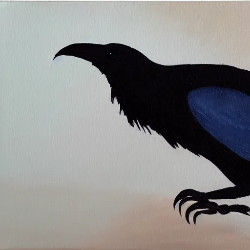 Image similar to oil painting of a raven holding a paintbrush in its beak and painting with it