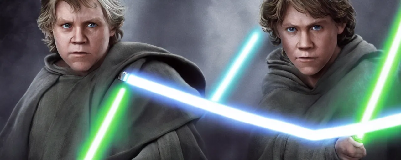 Prompt: Hyper realistic Jedi master Luke Skywalker with green lightsaber based on the last Jedi, 4K