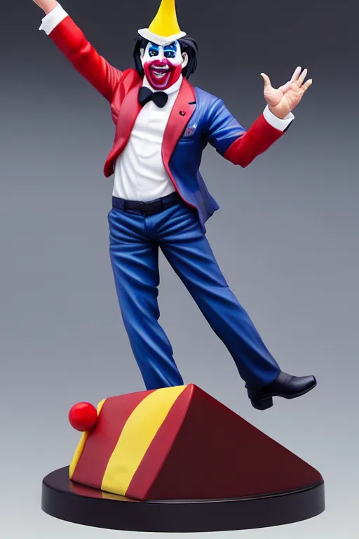 Image similar to still high quality figurine of president bolsonaro as a clown, tsurime eyes, tareme eyes, personification, dynamic pose, detailed product photo, featured on amiami, tone mapped, beautiful composition, 8 5 mm, f. 1 4