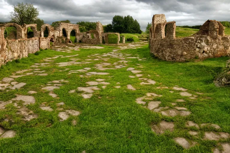 Prompt: a grass land and ruins and small bustling fixed luminously fun village and tan gravel pathways and joyful people in the 2 0 0 0 s, 4 k, 8 k, photorealistic landscape, landscape imagery, 4 k luminous lighting, volumetric lighting,