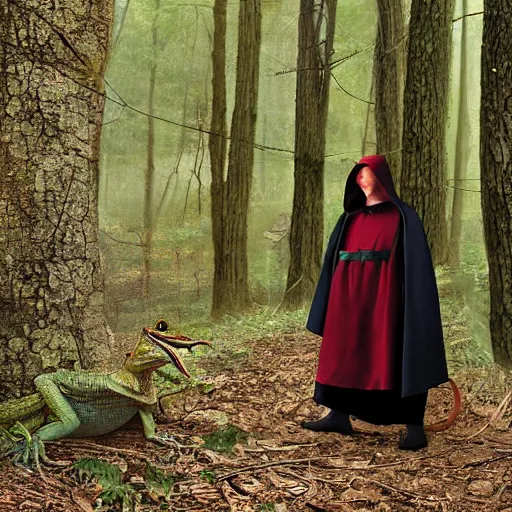 Image similar to medieval cloak wearing anthro lizard, photograph captured in the woods