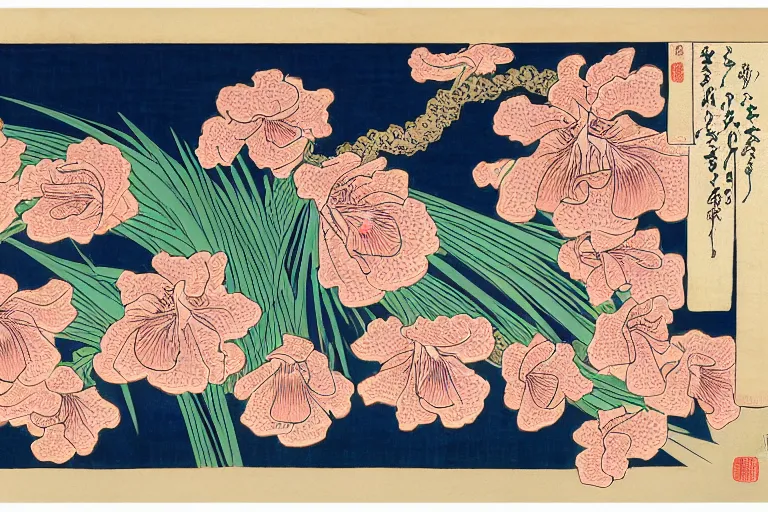 Prompt: a beautiful and hyperdetailed ukiyo - e drawing of tangled irises and flowers by katsushika hokusai, in style by utagawa kuniyoshi and utagawa hiroshige, japanese print art, intricate, elegant, complex, 4 k
