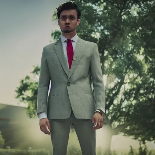 Image similar to 4 k photography, full view, bulbasaur inspired men's suit, put on a mannequin, wide shot, epic, cinematic lighting, beautiful composition, cinematic