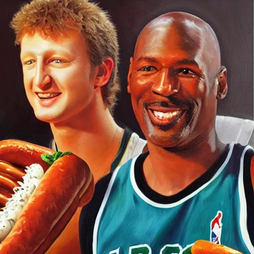 Prompt: portrait of larry bird and michael jordan sharing hotdogs, an oil painting by ross tran and thomas kincade